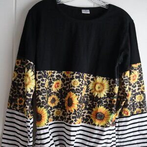 Womens XL Sunflower Leopard Front Tie Long Sleeve Black White Striped Shirt